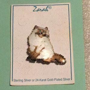 Vintage Zarah enamel on sterling silver cloisonne cat brooch - mint on card